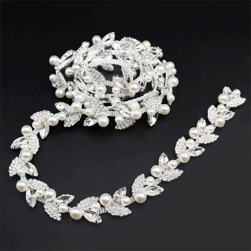 Jerler 1 Yard Pearl Tassel Rhinestone Trim, Inlaid Pearl Beaded Chain, Crystal Applique Ideal for DIY and Wedding Party Decoration Bridal Embellishments, 0.78" Width (Tassel-11, 1 Yard) - Image 1